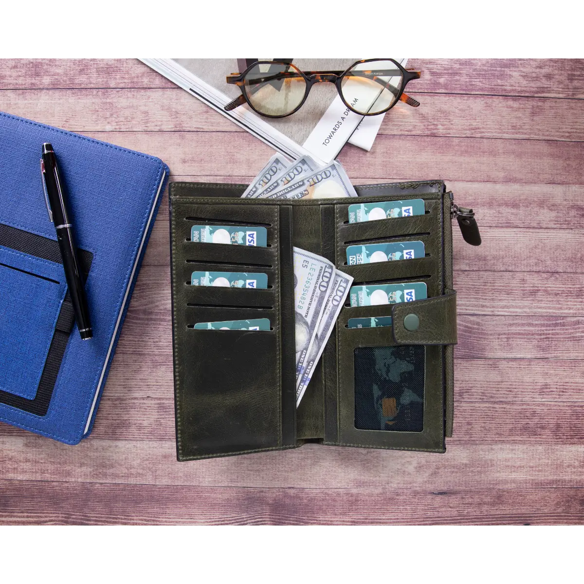 Women's Zipper Wallet-Green (Lozan)