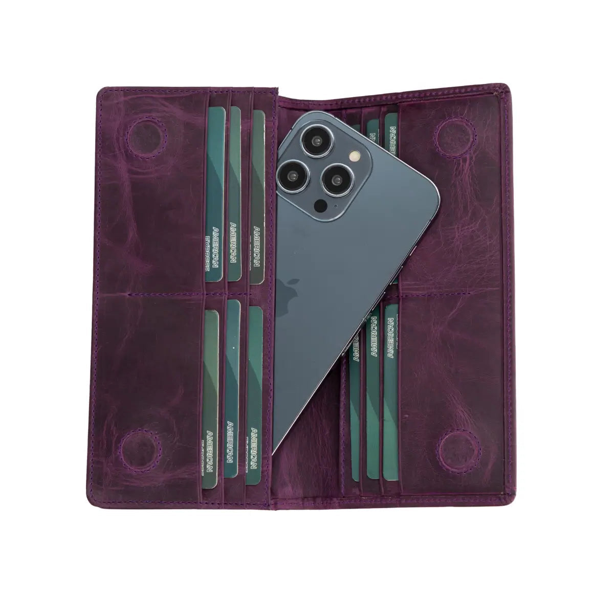 Purple wallet with phone pocket and card slots on a white background