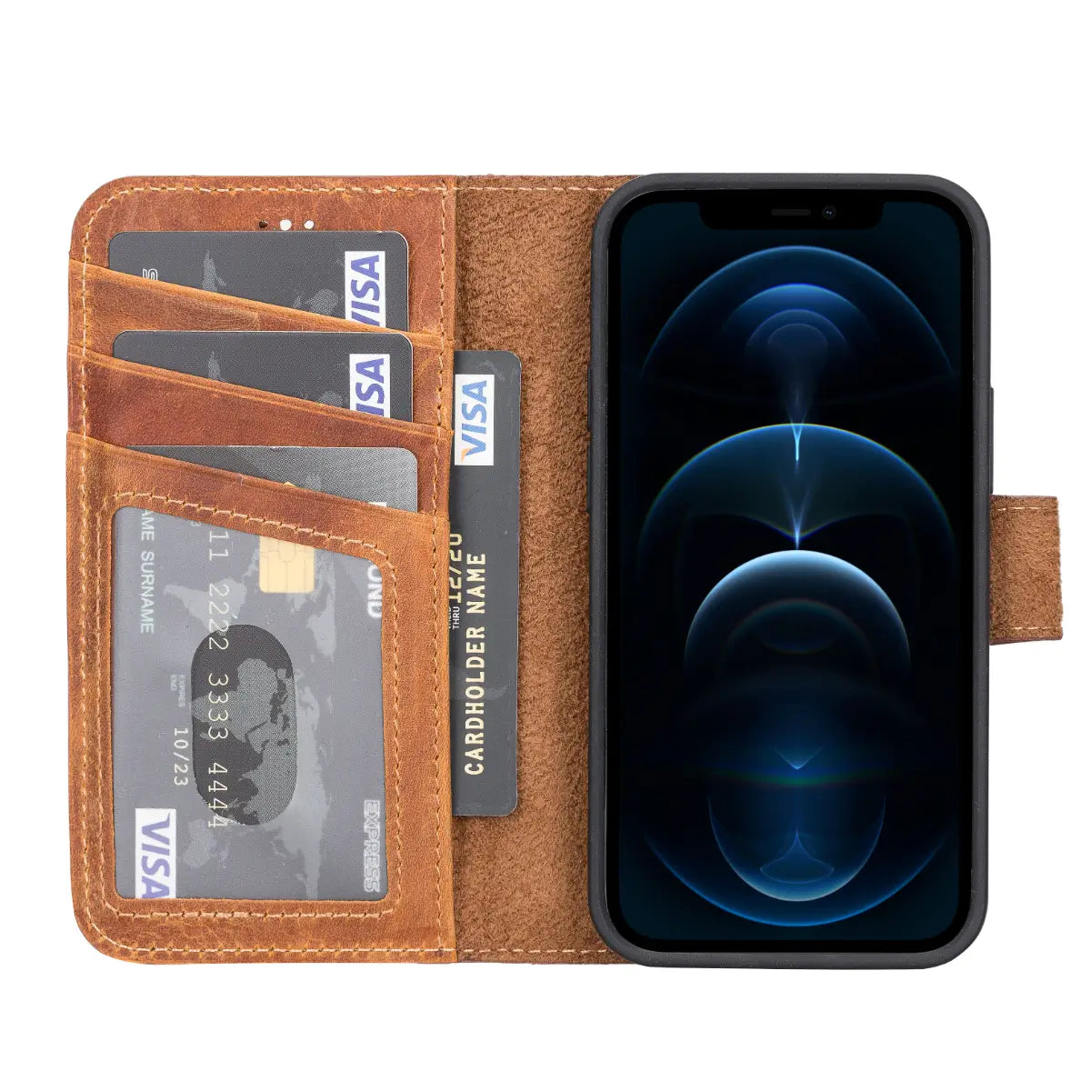 Camel Brown Leather Wallet Case for iPhone 13 Mini