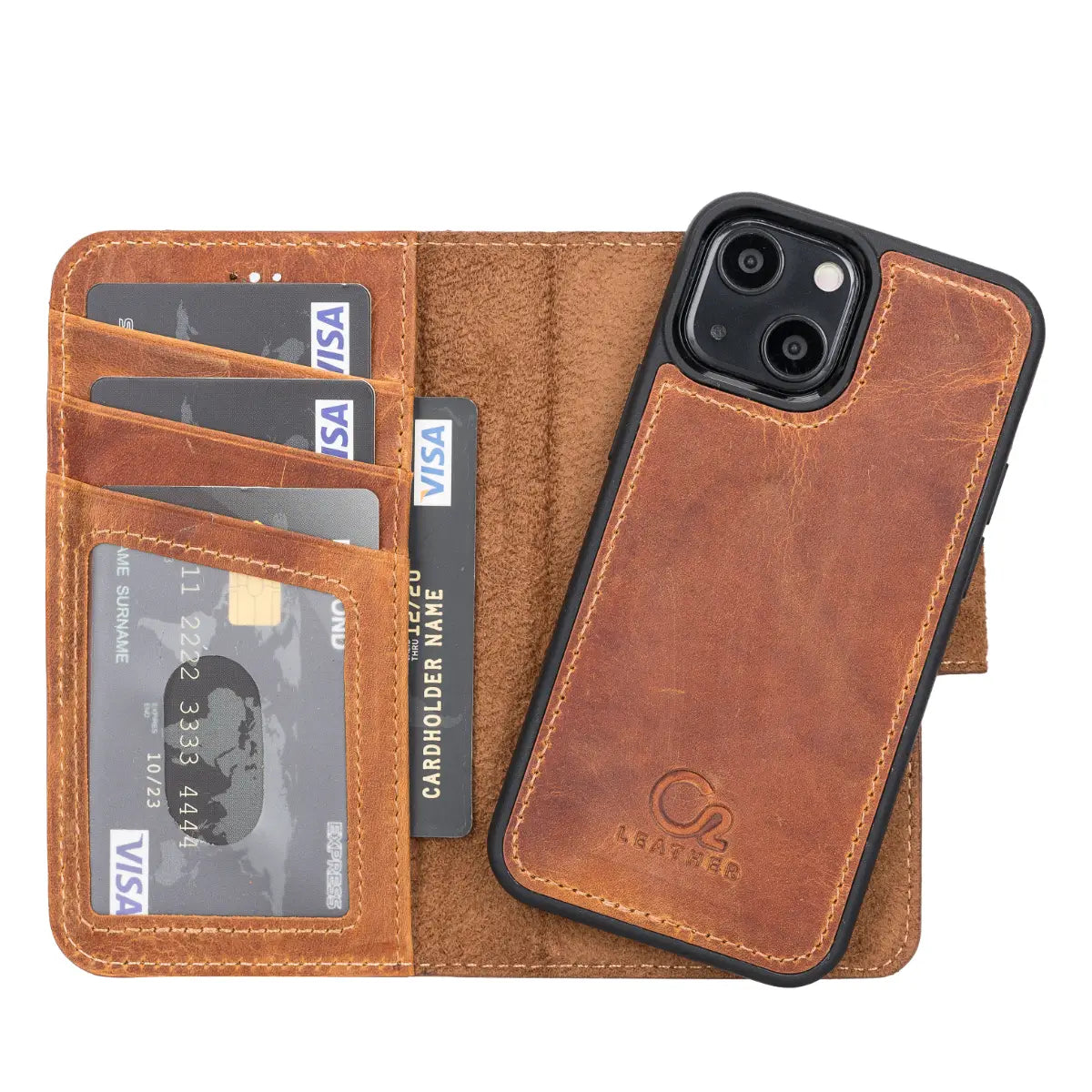 Camel Brown Leather Wallet Case for iPhone 13 Mini