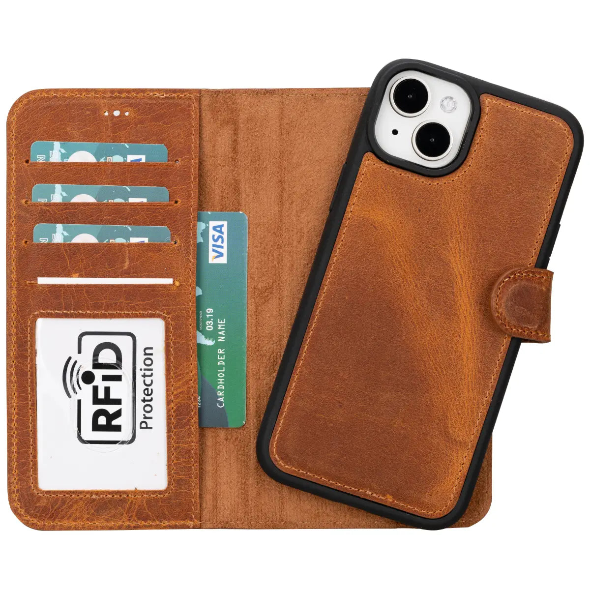 Camel Brown Leather Wallet Case for iPhone 15