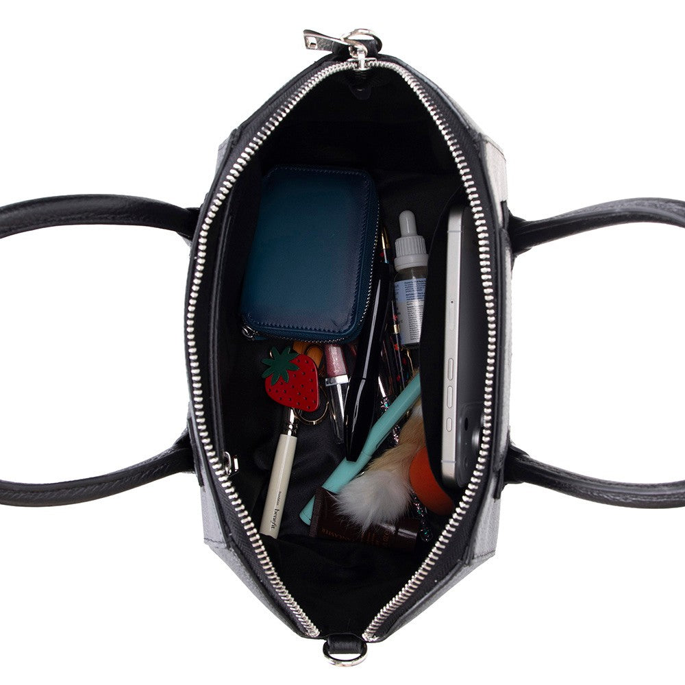 Interior view of Alessia women's black leather bag with compartments