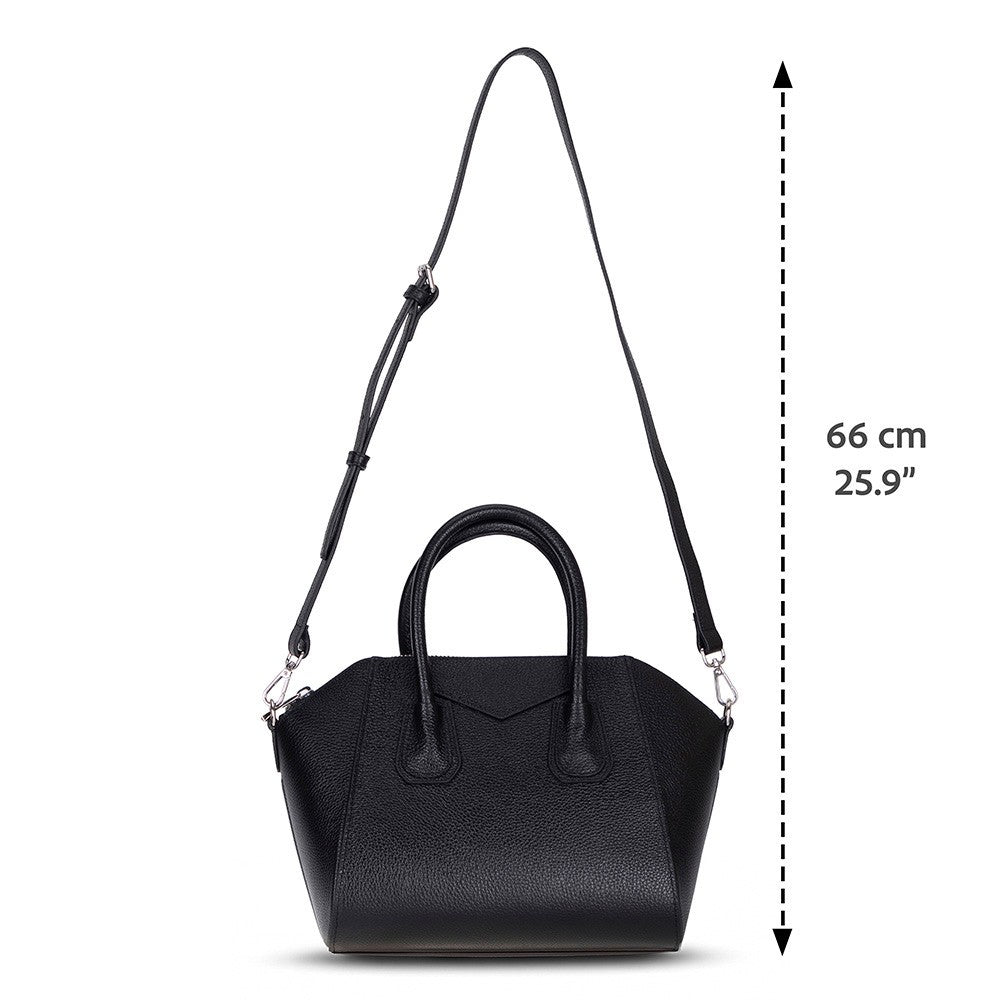Alessia women's black leather bag with dimensions and strap length