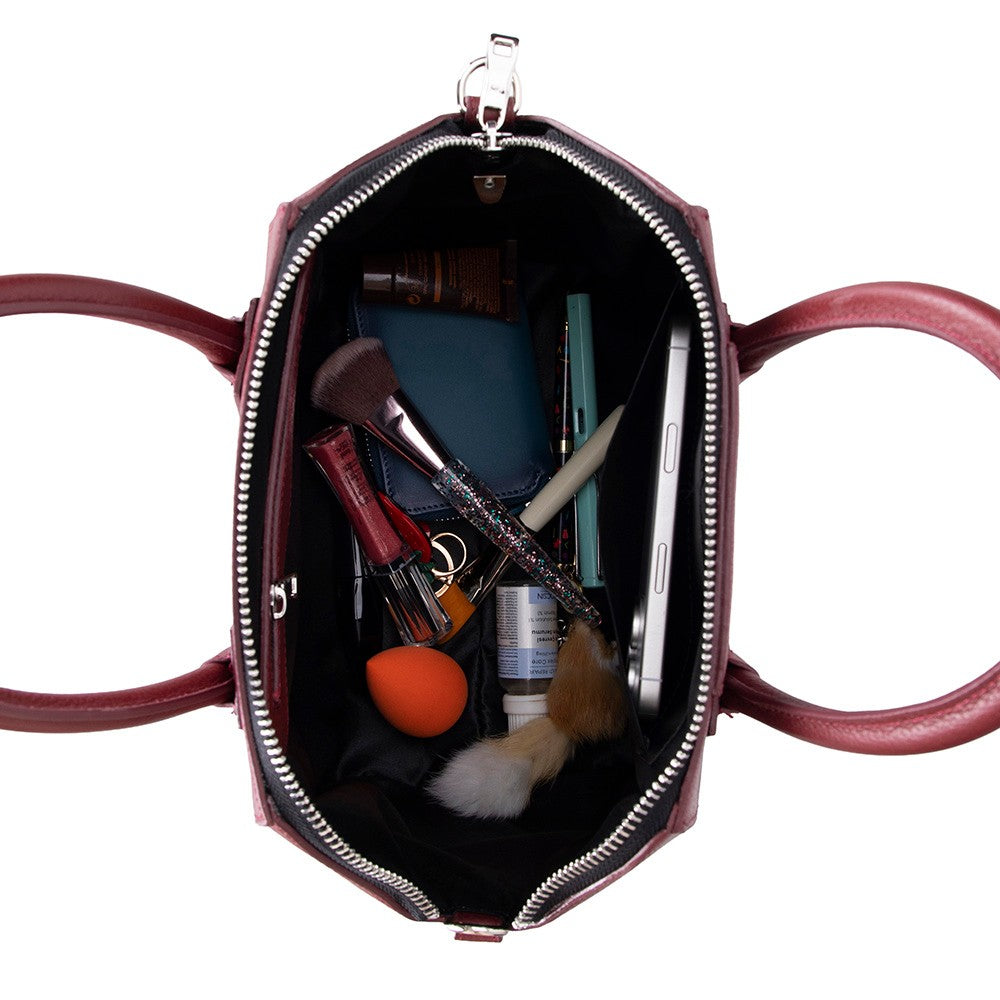 Interior view of Alessia women's Bordeaux leather bag with compartments