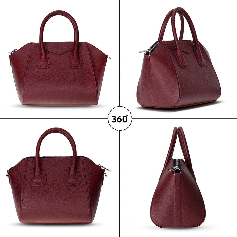 Alessia women's leather bag in Bordeaux showing multiple angles