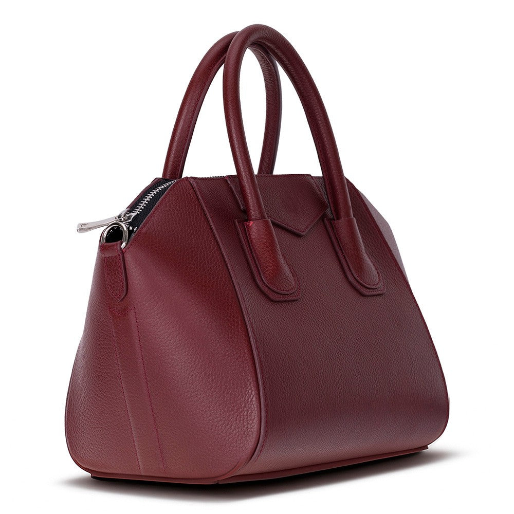Side profile of Alessia women's Bordeaux leather bag with zipper detail