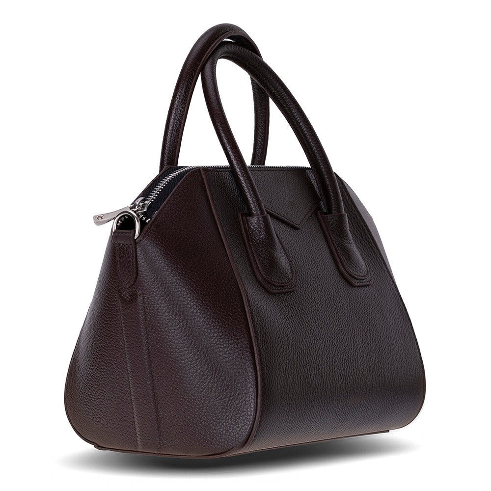 Side profile of Alessia women's dark brown leather bag with zipper detail