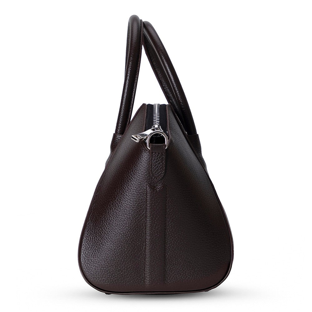 Side profile of Alessia women's dark brown leather bag with zipper detail