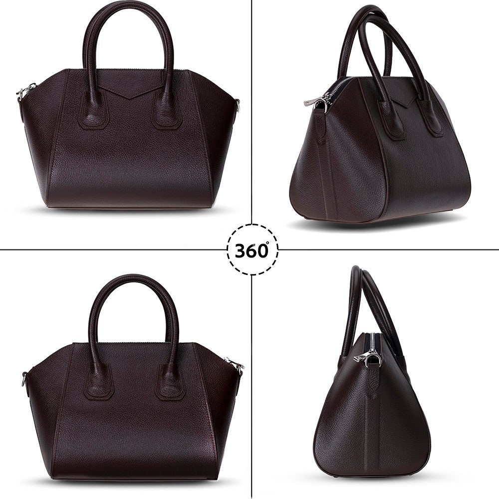 Alessia women's leather bag in dark brown showing multiple angles