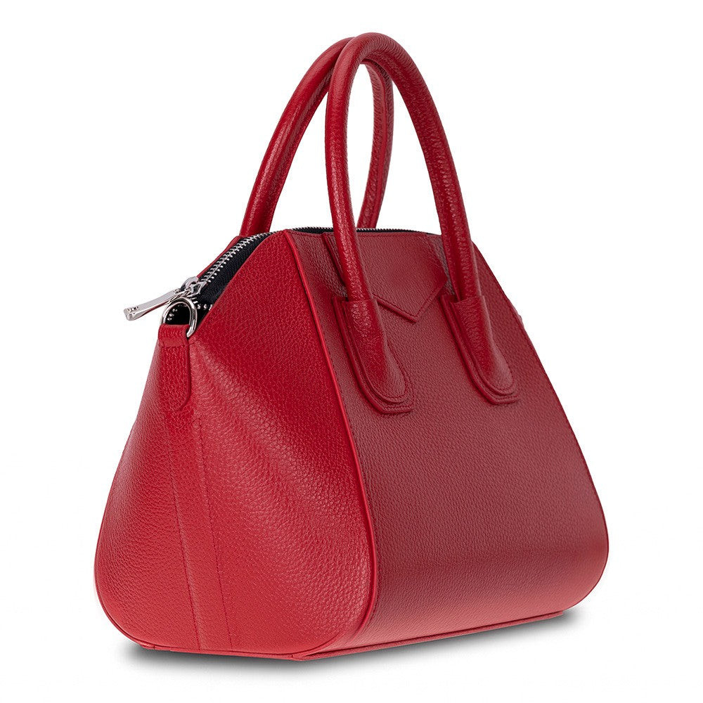 Side profile of Alessia women's red leather bag with zipper detail