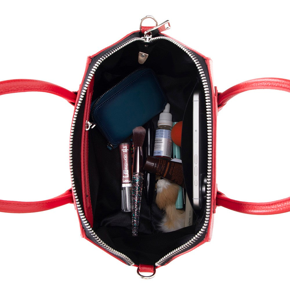Interior view of Alessia women's red leather bag with compartments