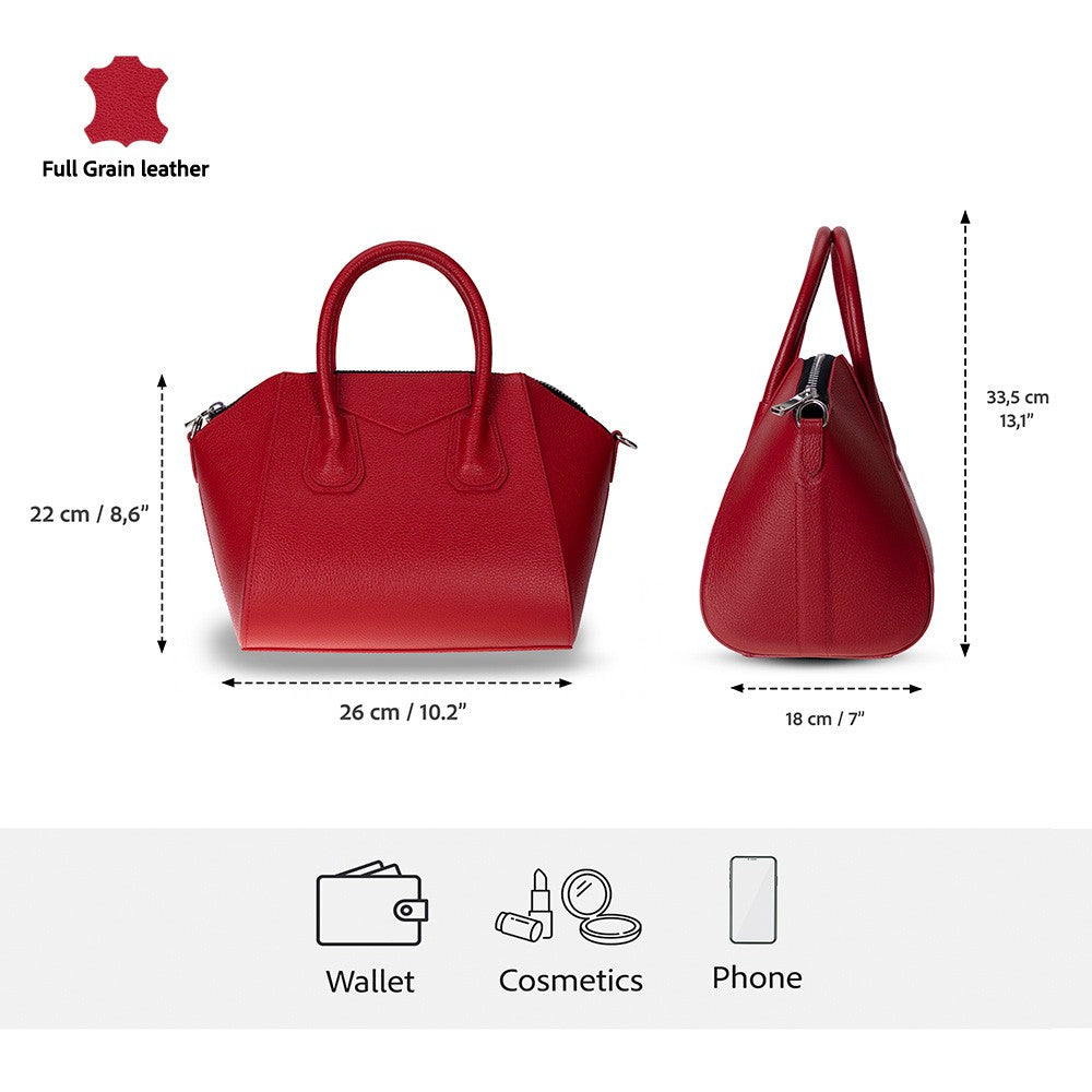 Alessia women's red leather bag with dimensions and strap length