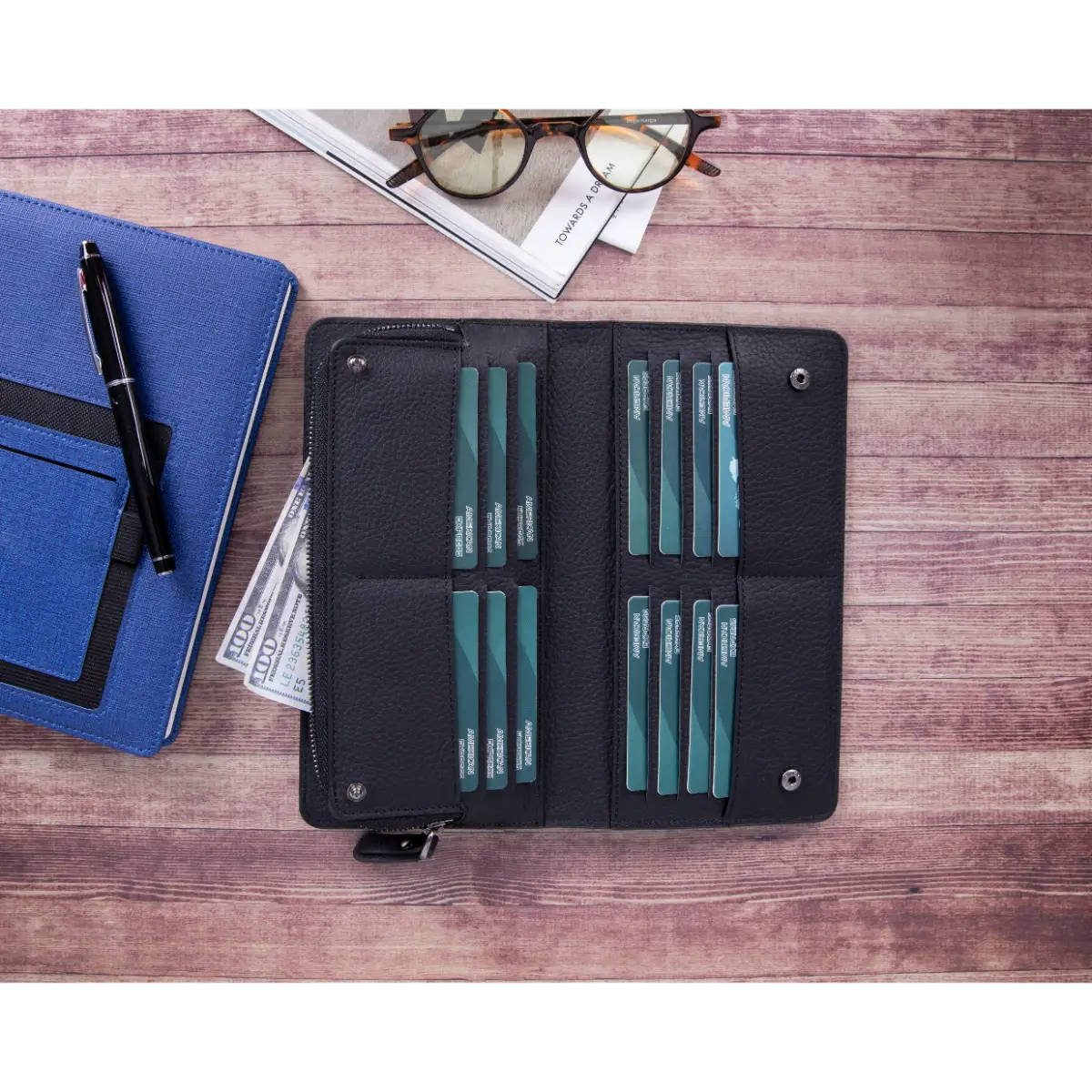 Women's Bifold Leather Wallet-Black (Ascona)