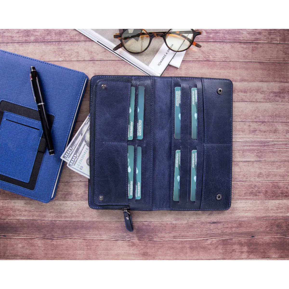 Women's Bifold Leather Wallet-Blue (Ascona)