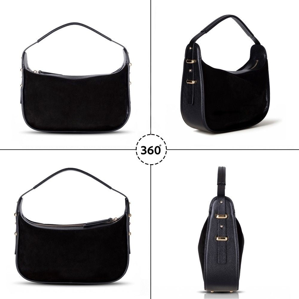 Bellara women's leather bag in black showing multiple angles