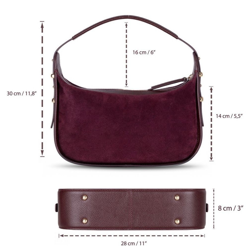 Bellara women's Burgundy leather bag with dimensions and strap length