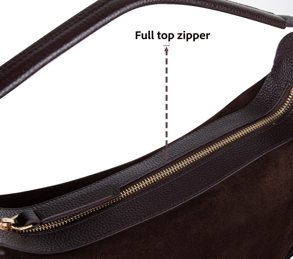 Close-up of Bellara women's dark brown leather bag texture and stitching