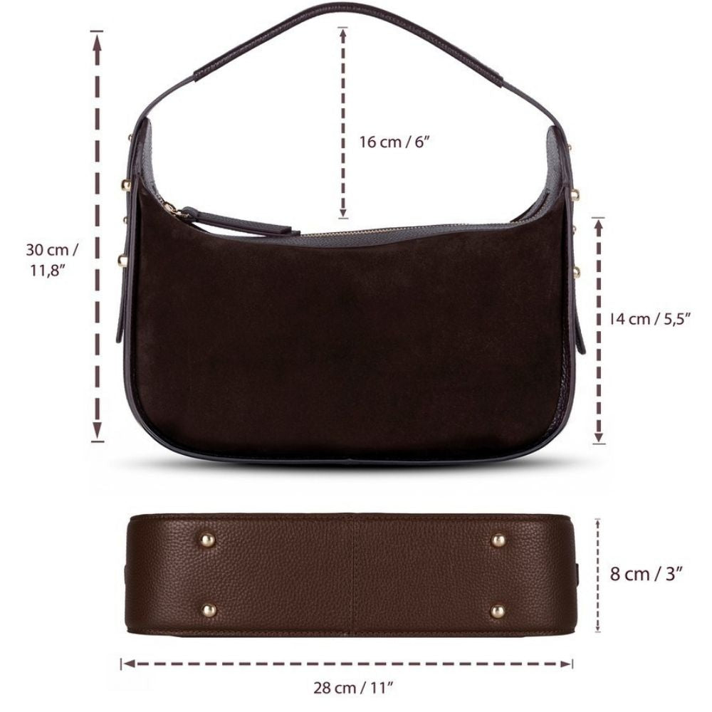 Bellara women's dark brown leather bag with dimensions and strap length