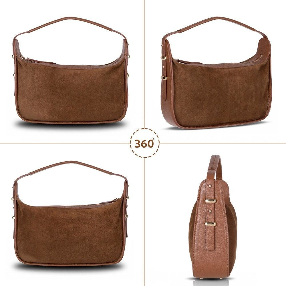 Bellara women's leather bag in tan showing multiple angles