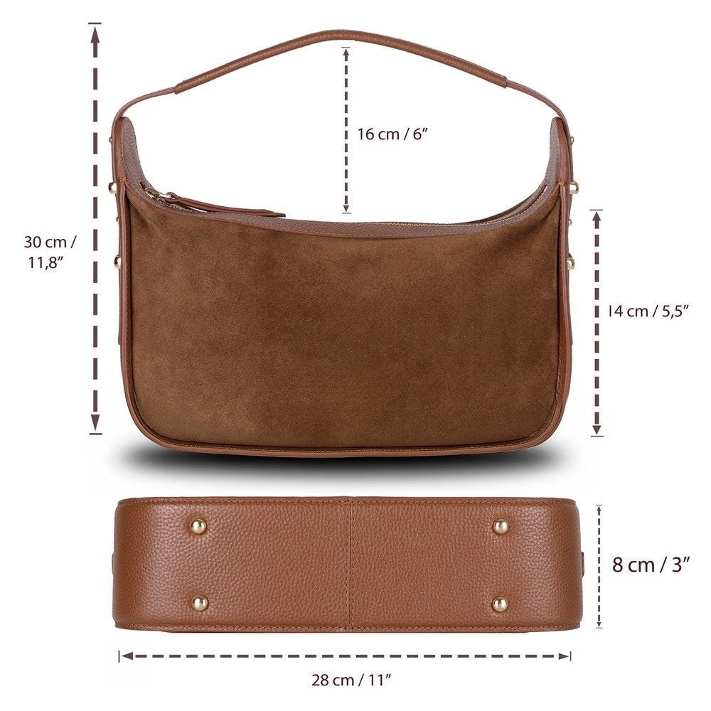 Bellara women's tan leather bag with dimensions and strap length