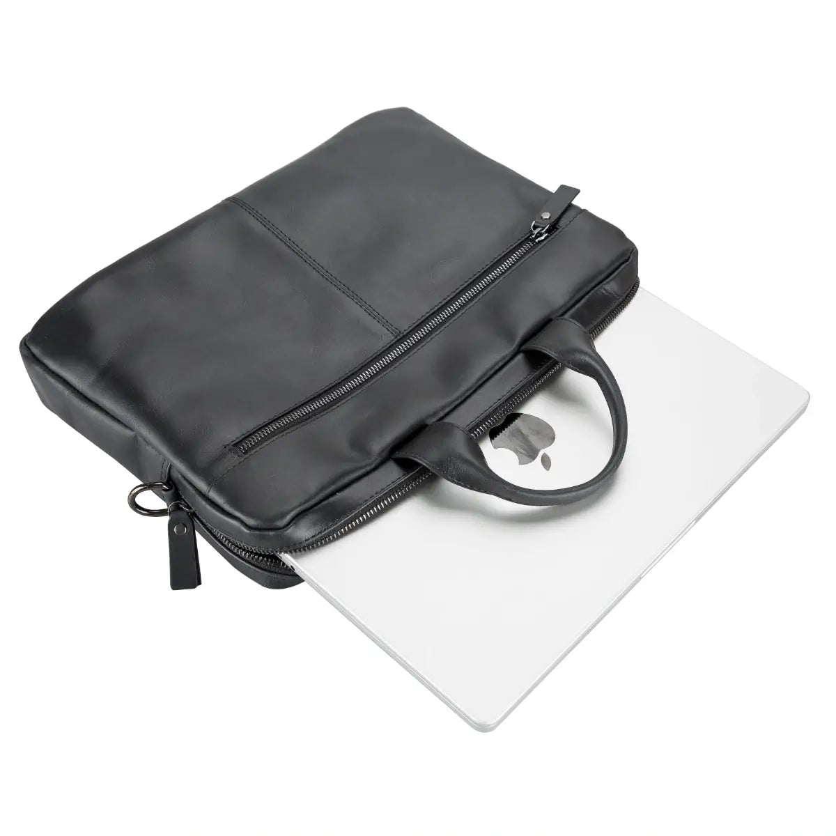 Black leather briefcase with a laptop on a white background