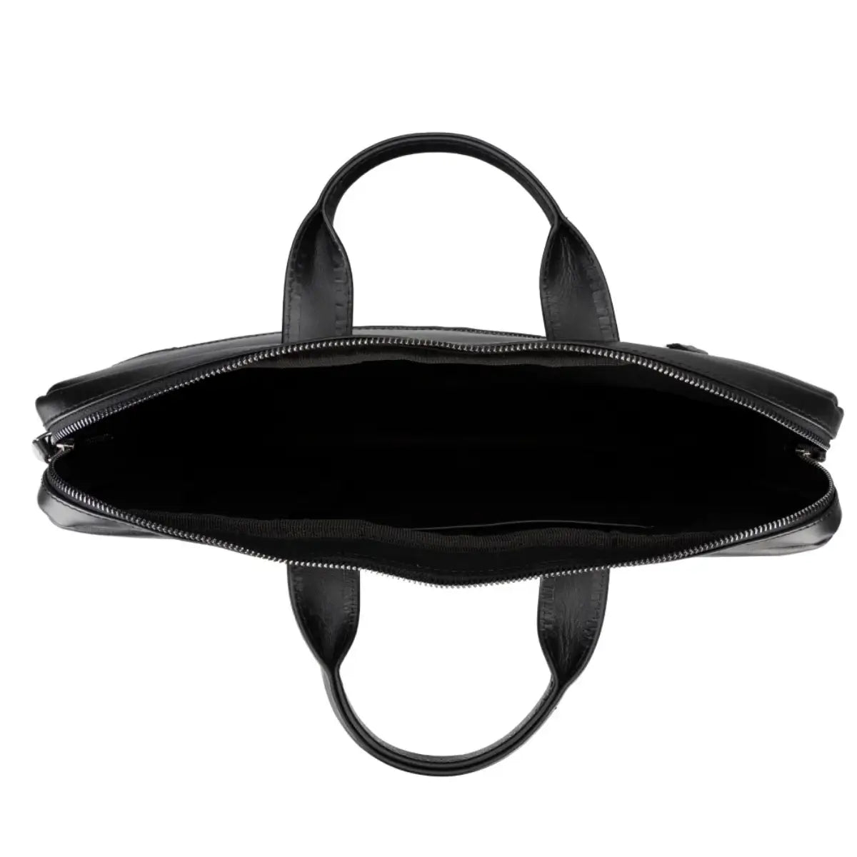 Black leather briefcase with handles on a white background