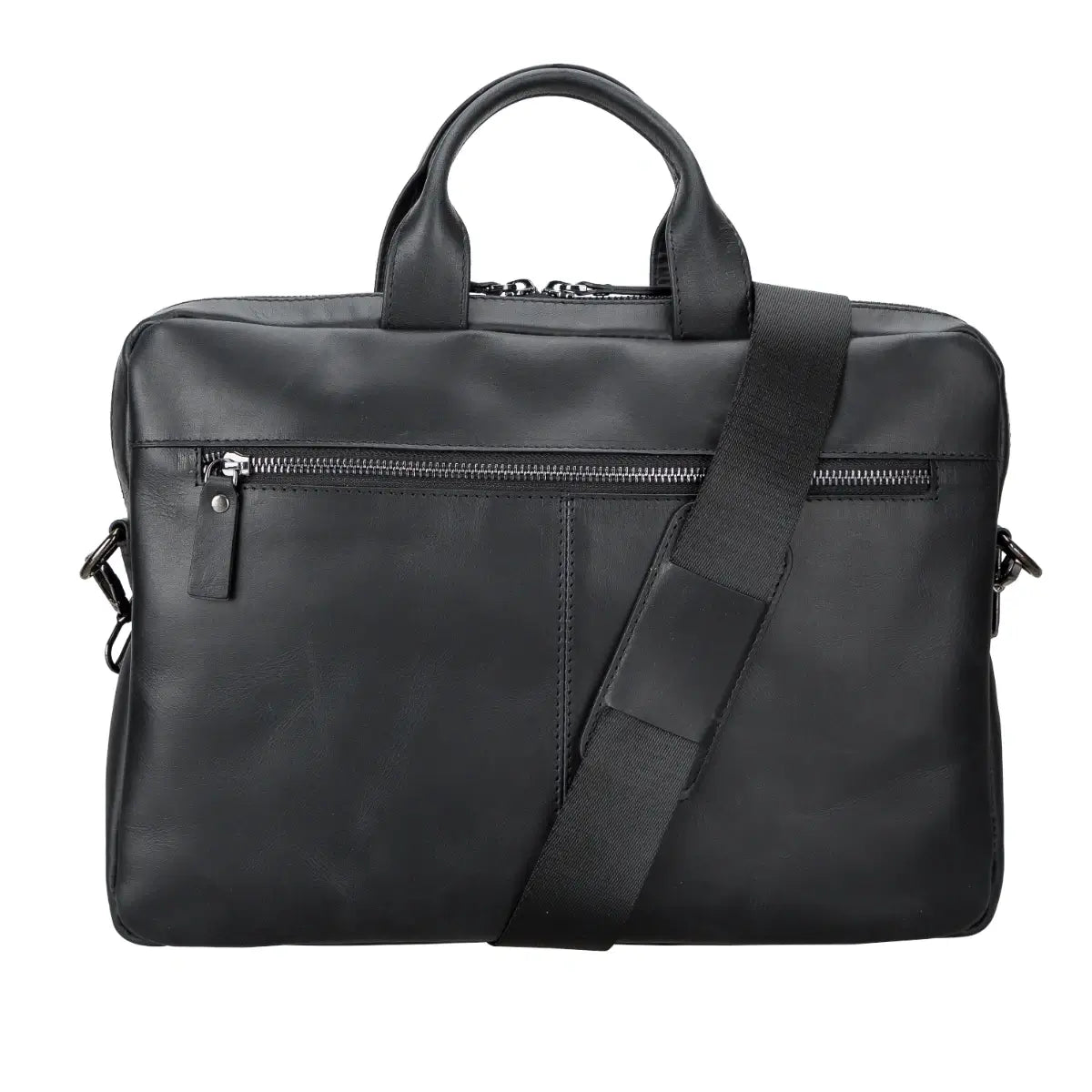 Black leather briefcase with shoulder strap on a white background