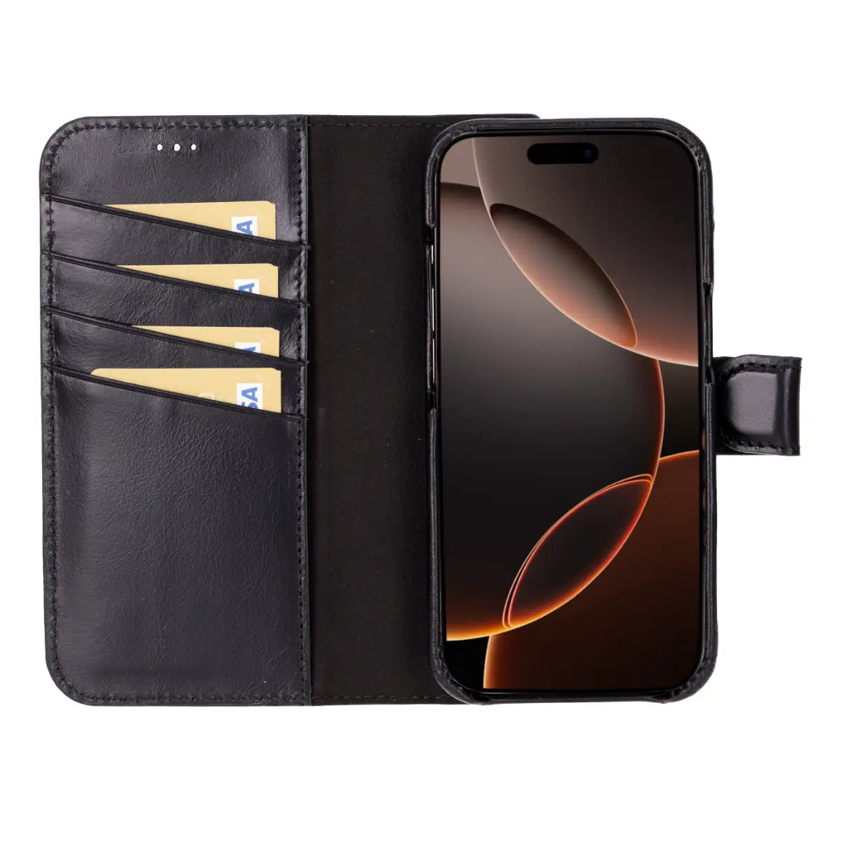 Black Leather Prestige Wallet Case for iPhone 16 Pro