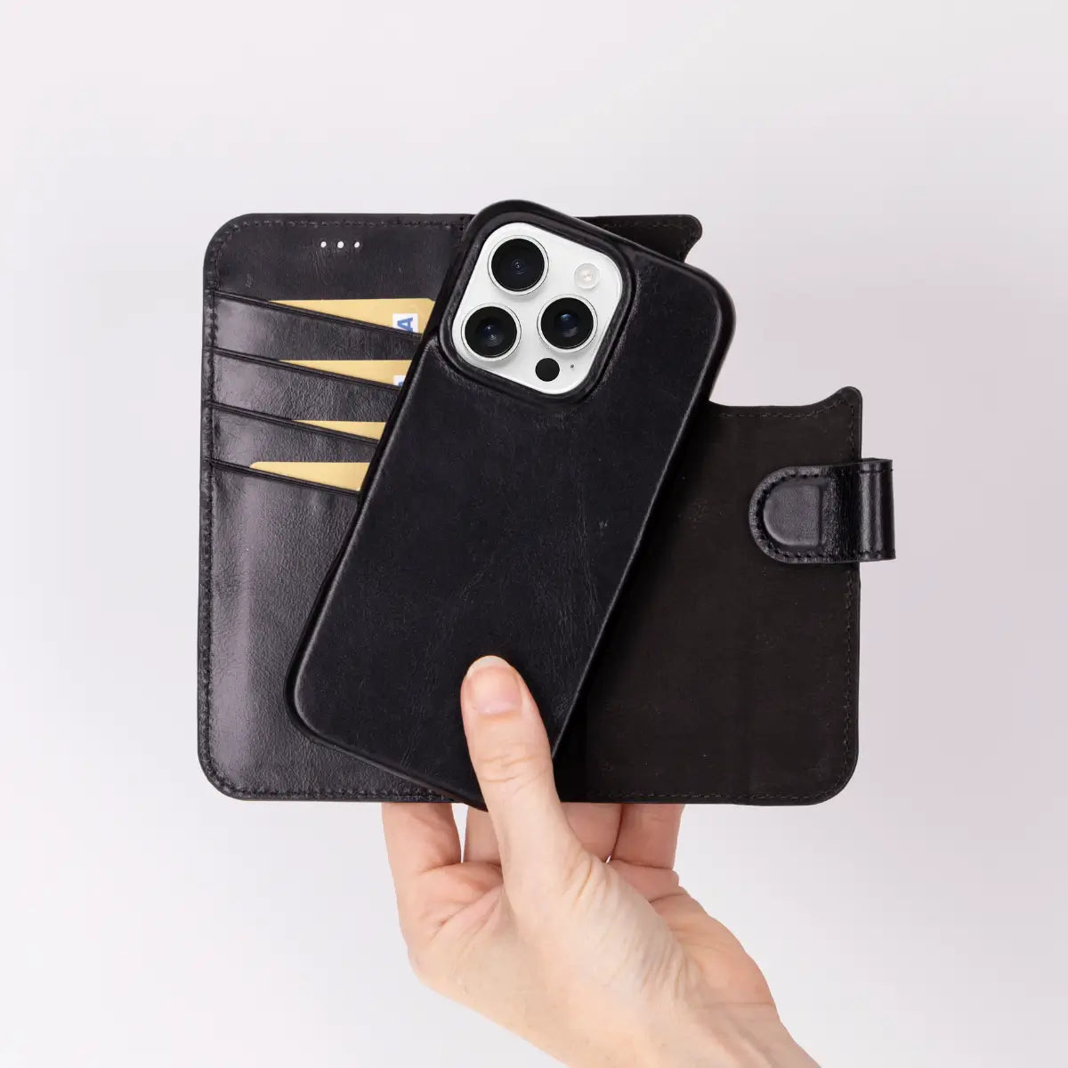 Black Leather Prestige Wallet Case for iPhone 16 Pro