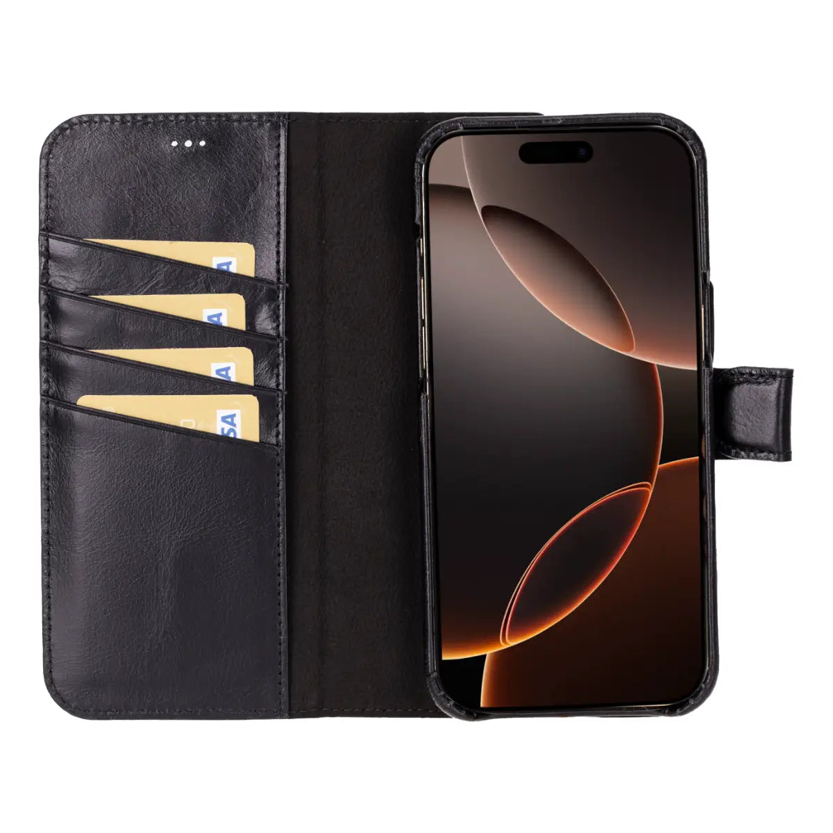 Black Leather Prestige Wallet Case for iPhone 16 Pro Max