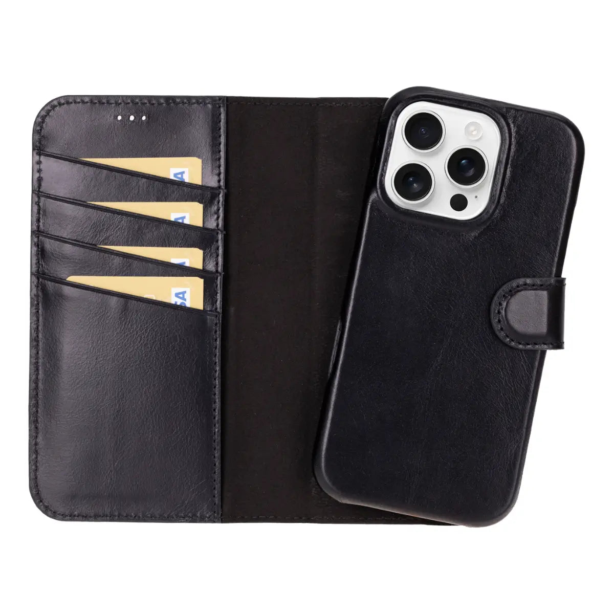 Black Leather Prestige Wallet Case for iPhone 16 Pro