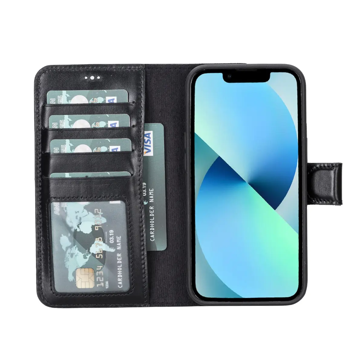 Black Leather Wallet Case for iPhone 14