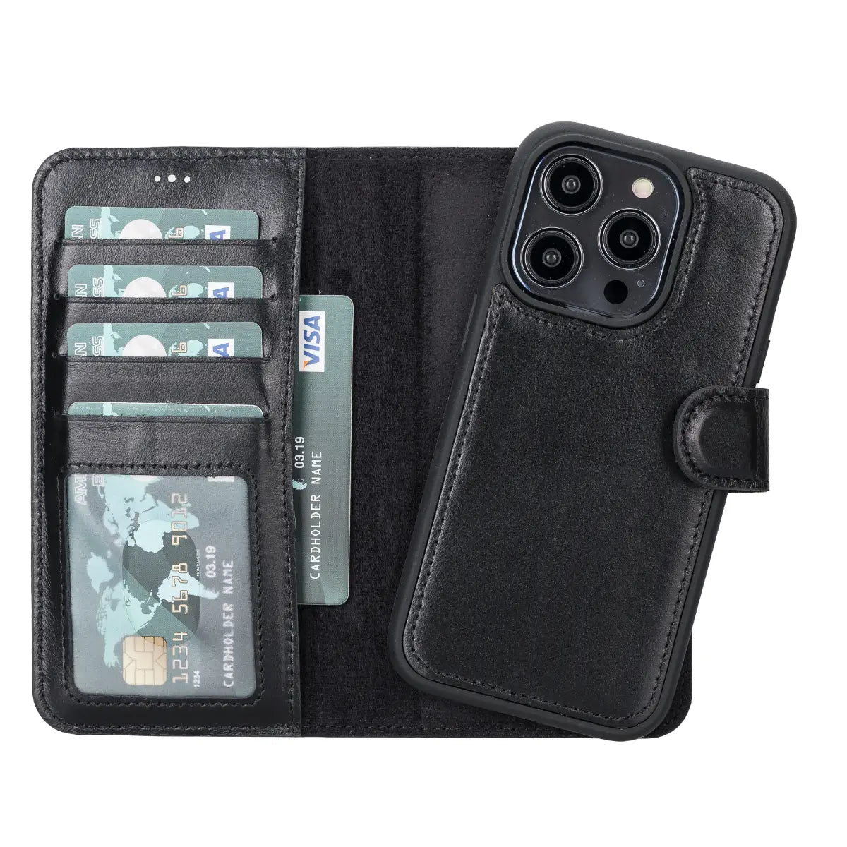 Black Leather Wallet Case for iPhone 14 Pro