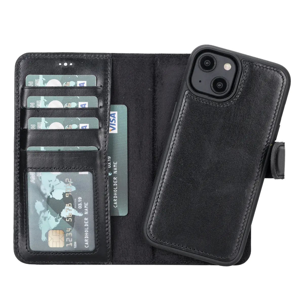 Black Leather Wallet Case for iPhone 14
