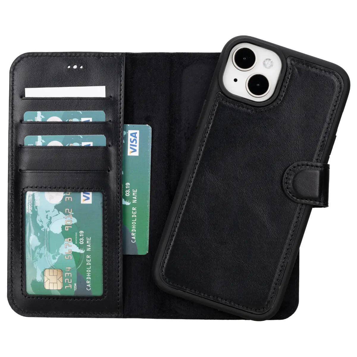 Black Leather Wallet Case for iPhone 15 Plus