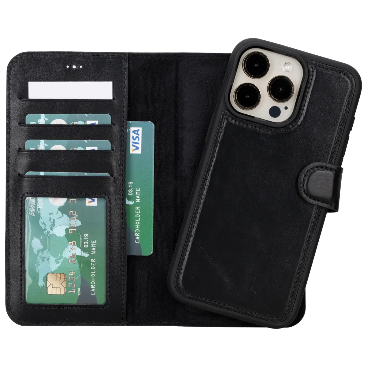 Black Leather Wallet Case for iPhone 15 Pro Max