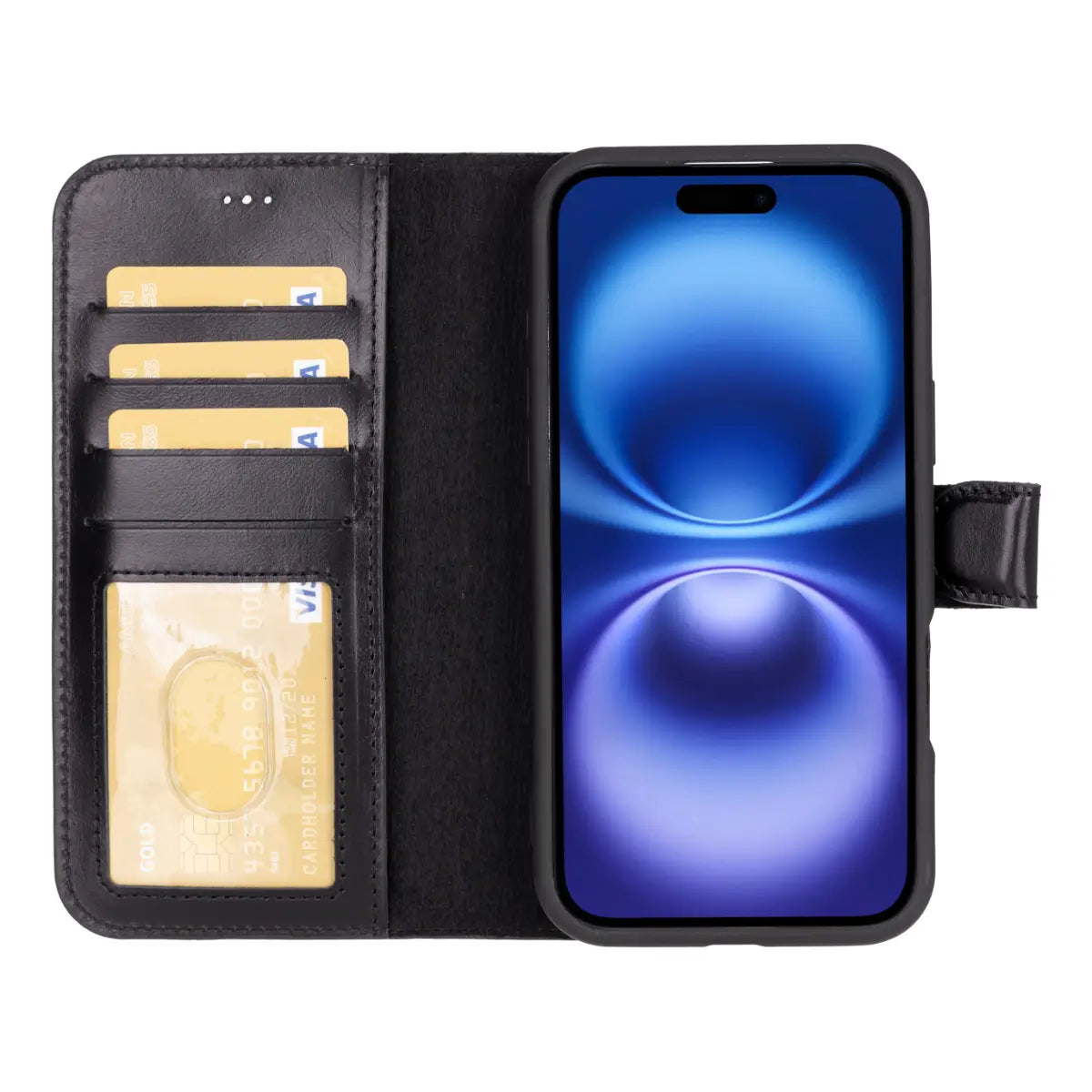 Black Leather Wallet Case for iPhone 16