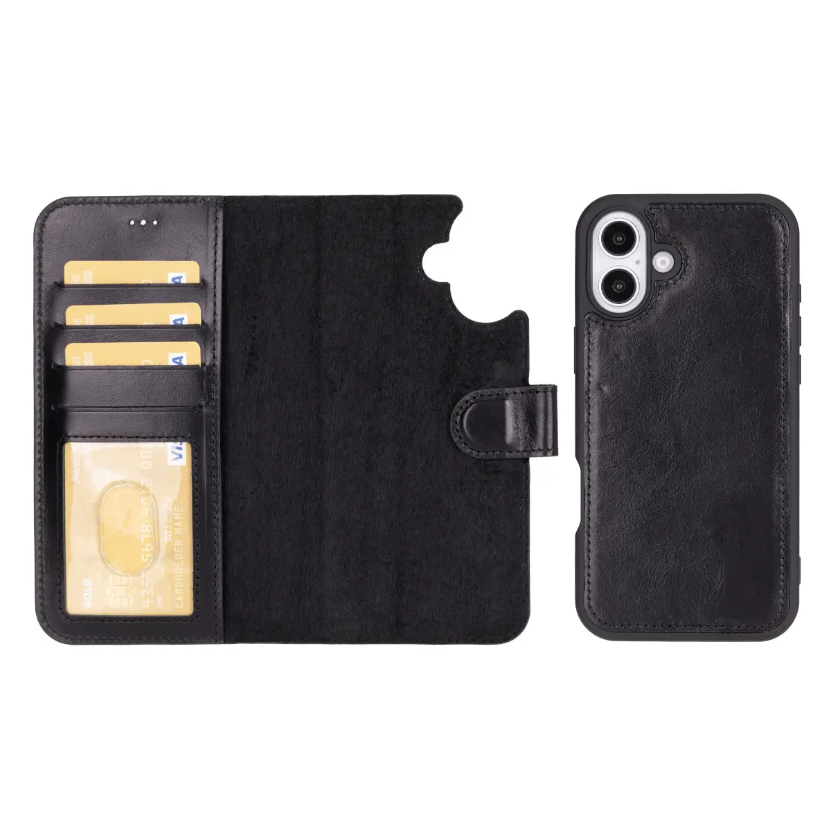 Black Leather Wallet Case for iPhone 16
