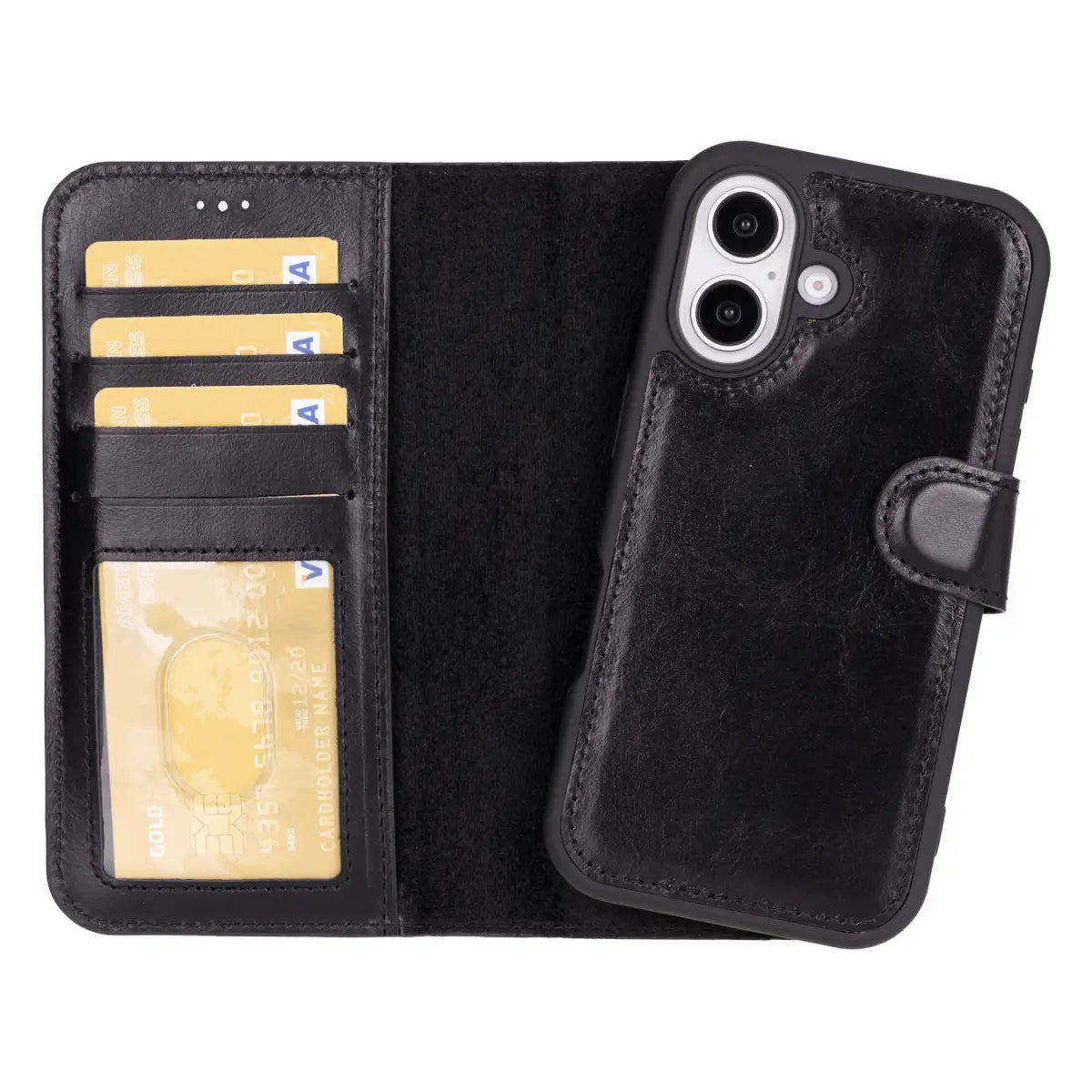 Black Leather Wallet Case for iPhone 16 Plus