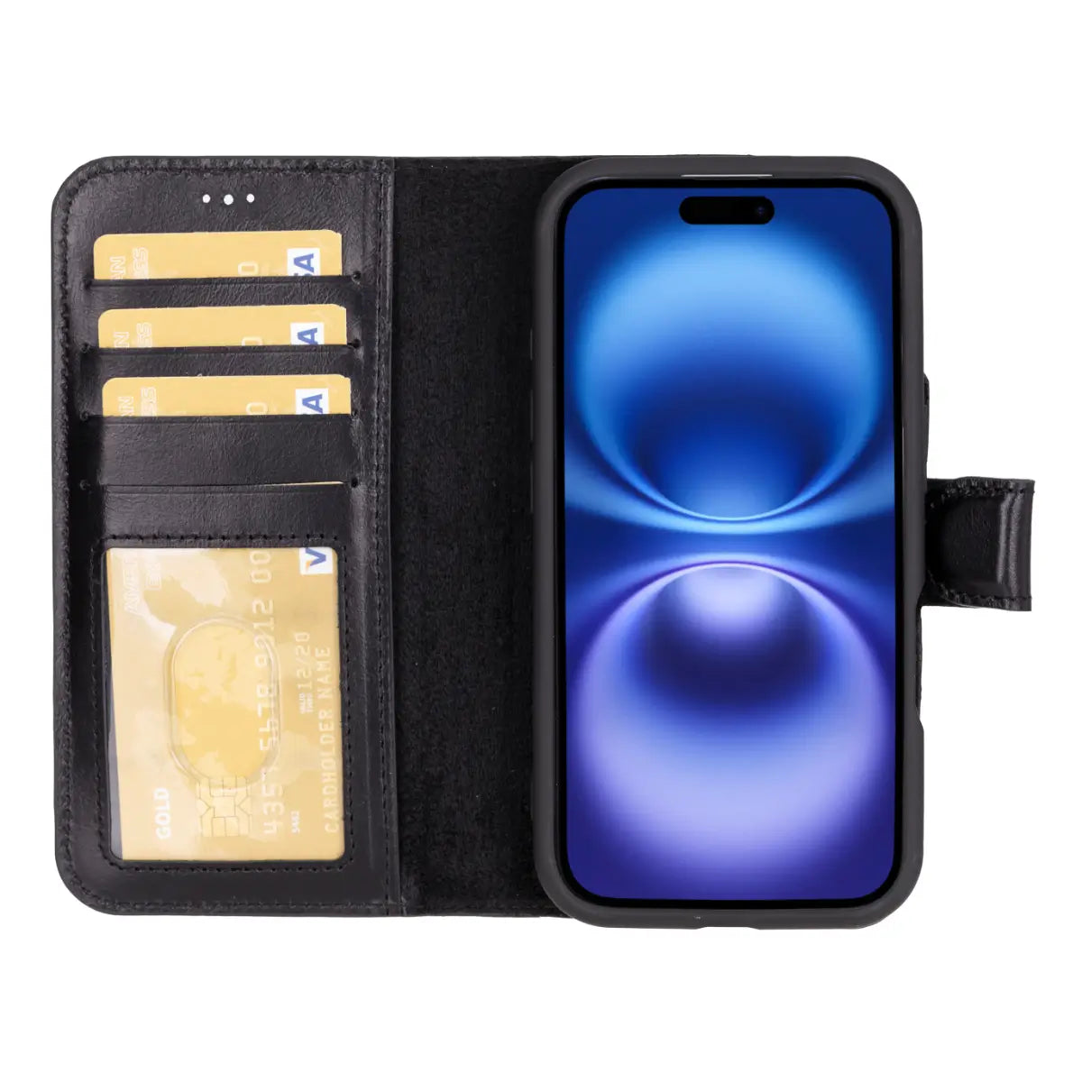 Black Leather Wallet Case for iPhone 16 Plus