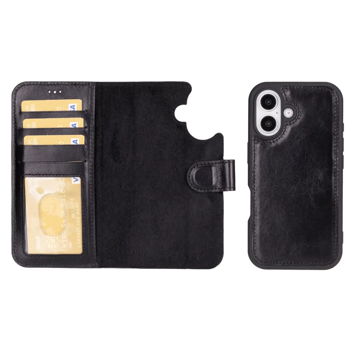 Black Leather Wallet Case for iPhone 16 Plus