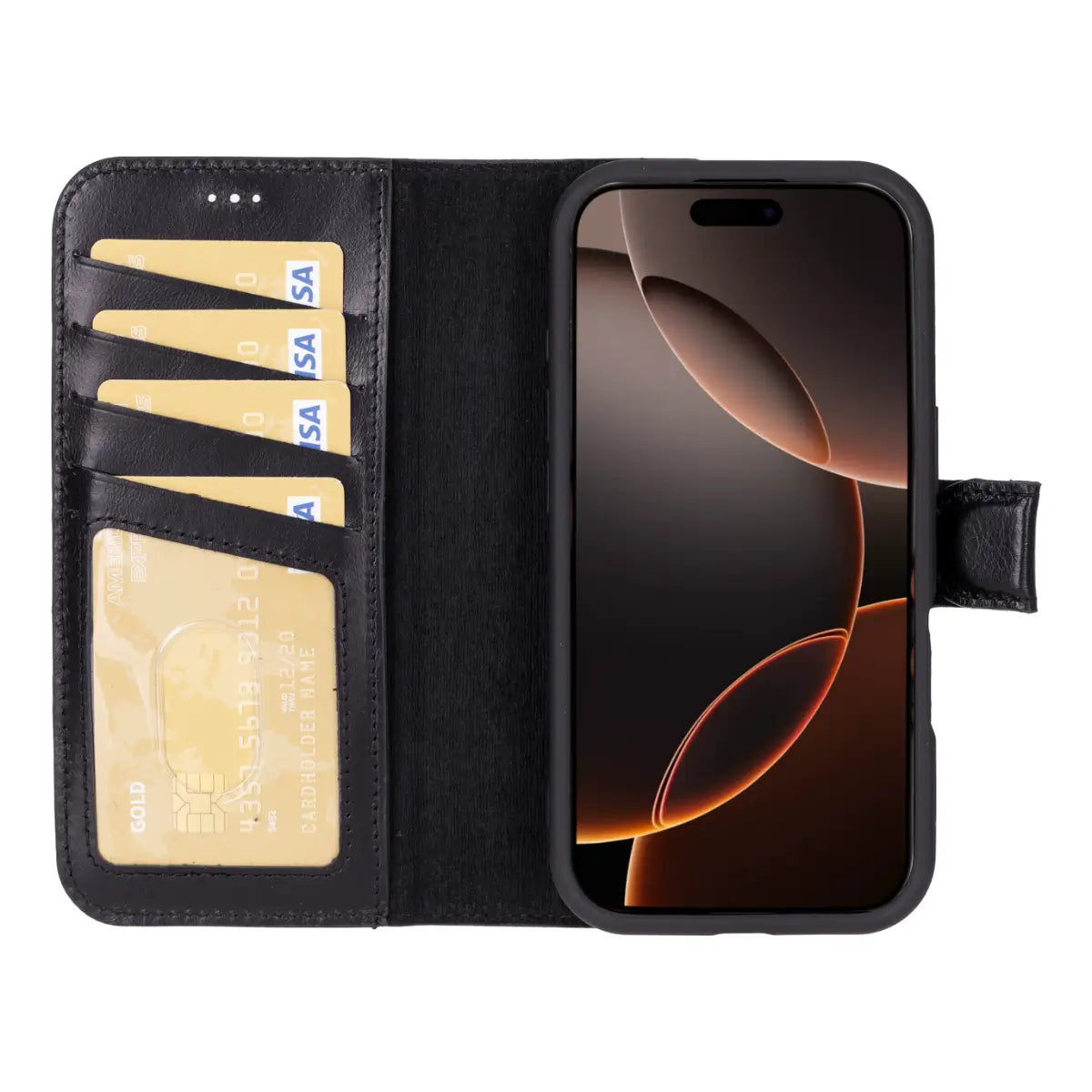 Black Leather Wallet Case for iPhone 16 Pro