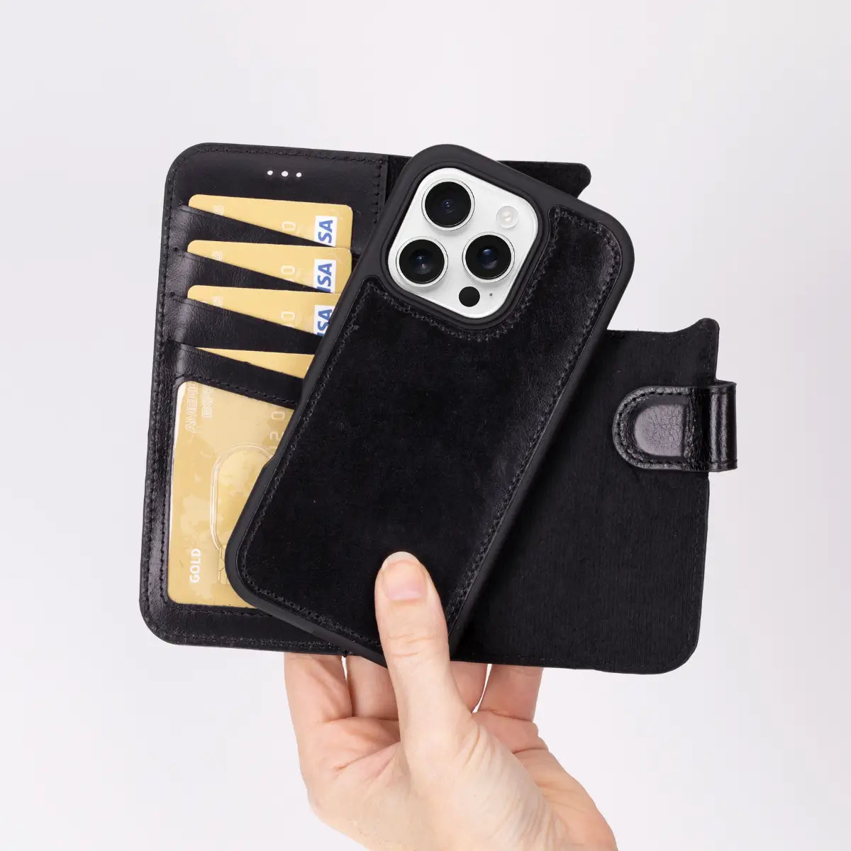 Black Leather Wallet Case for iPhone 16 Pro