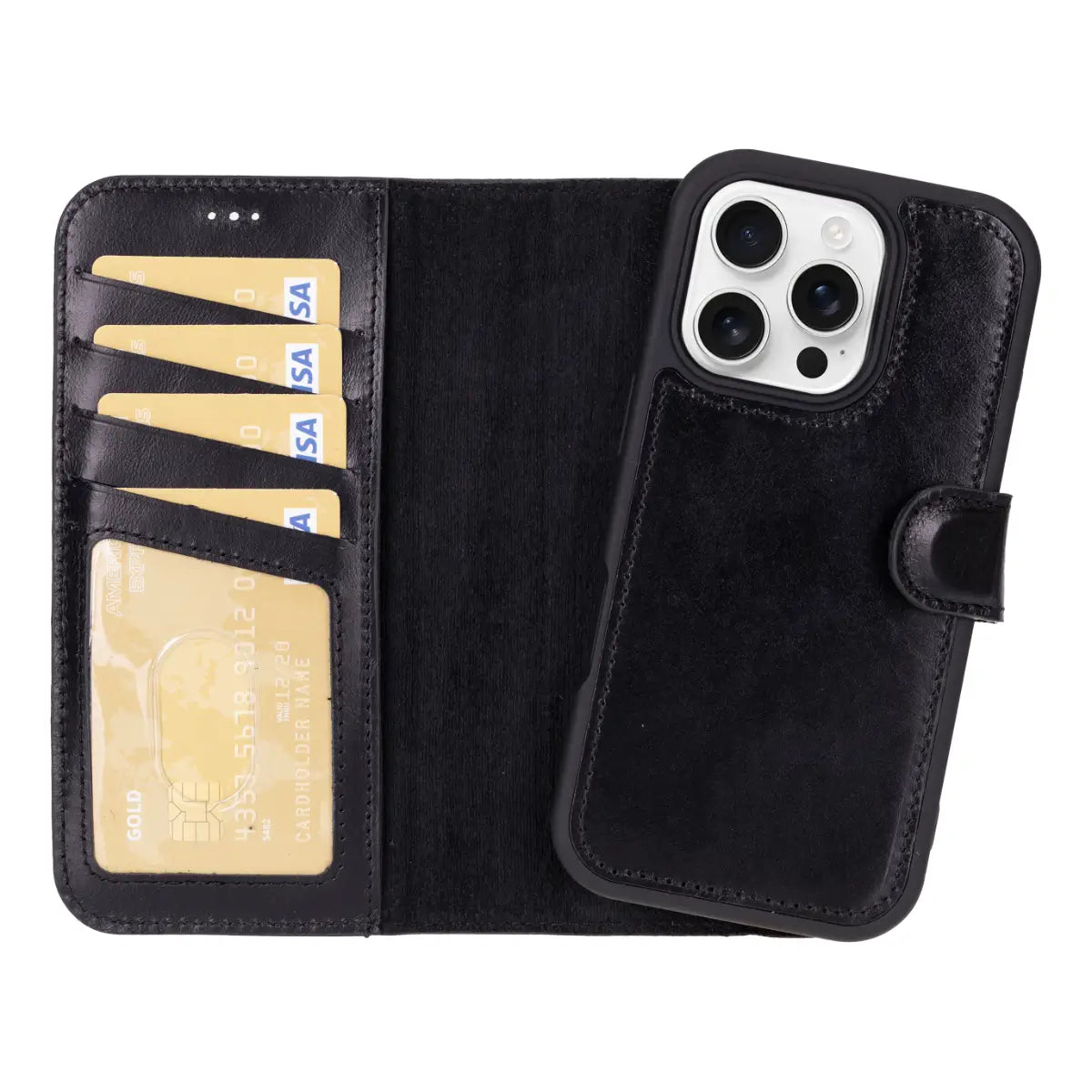 Black Leather Wallet Case for iPhone 16 Pro