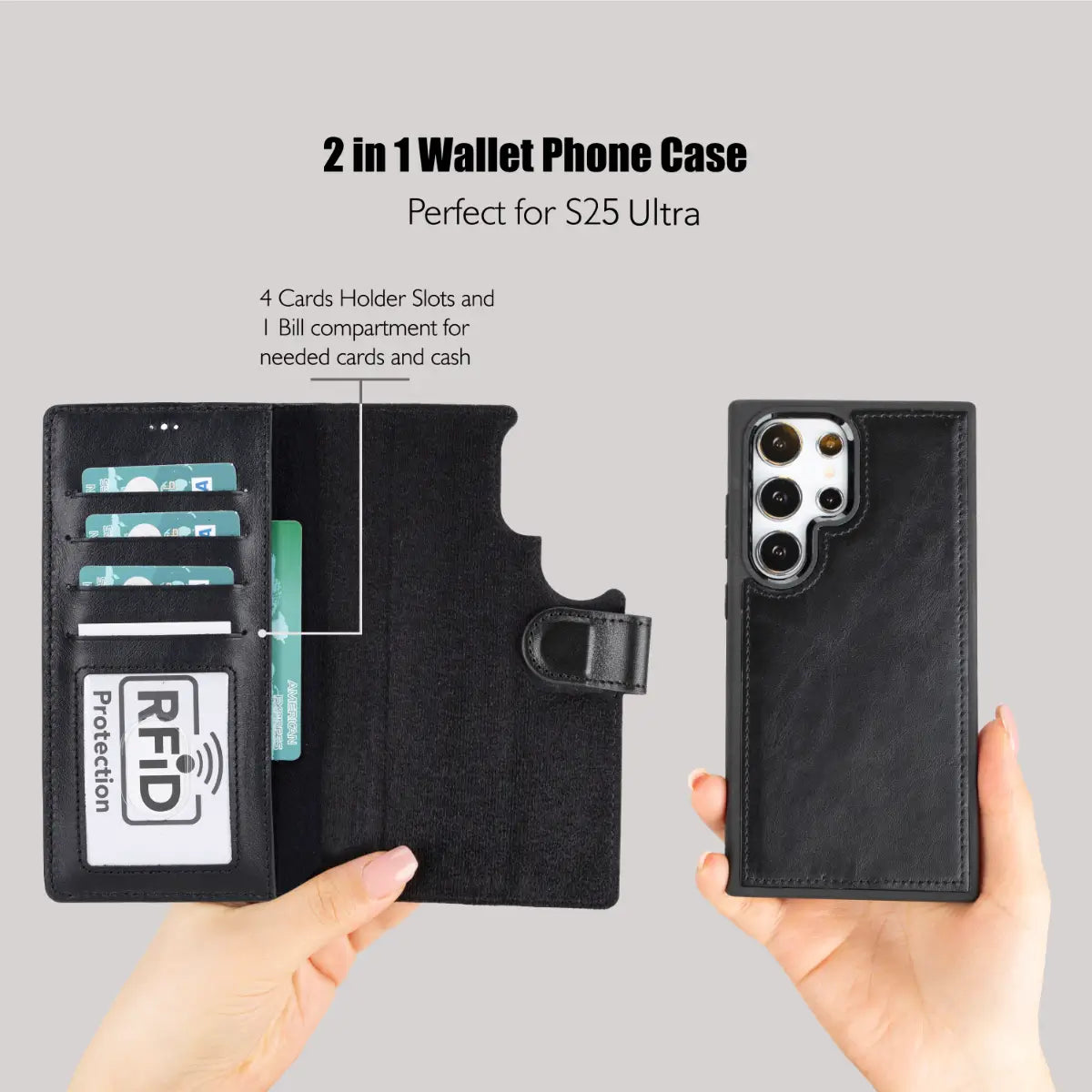 Black Magnetic Leather Wallet Case for Galaxy S25 Ultra