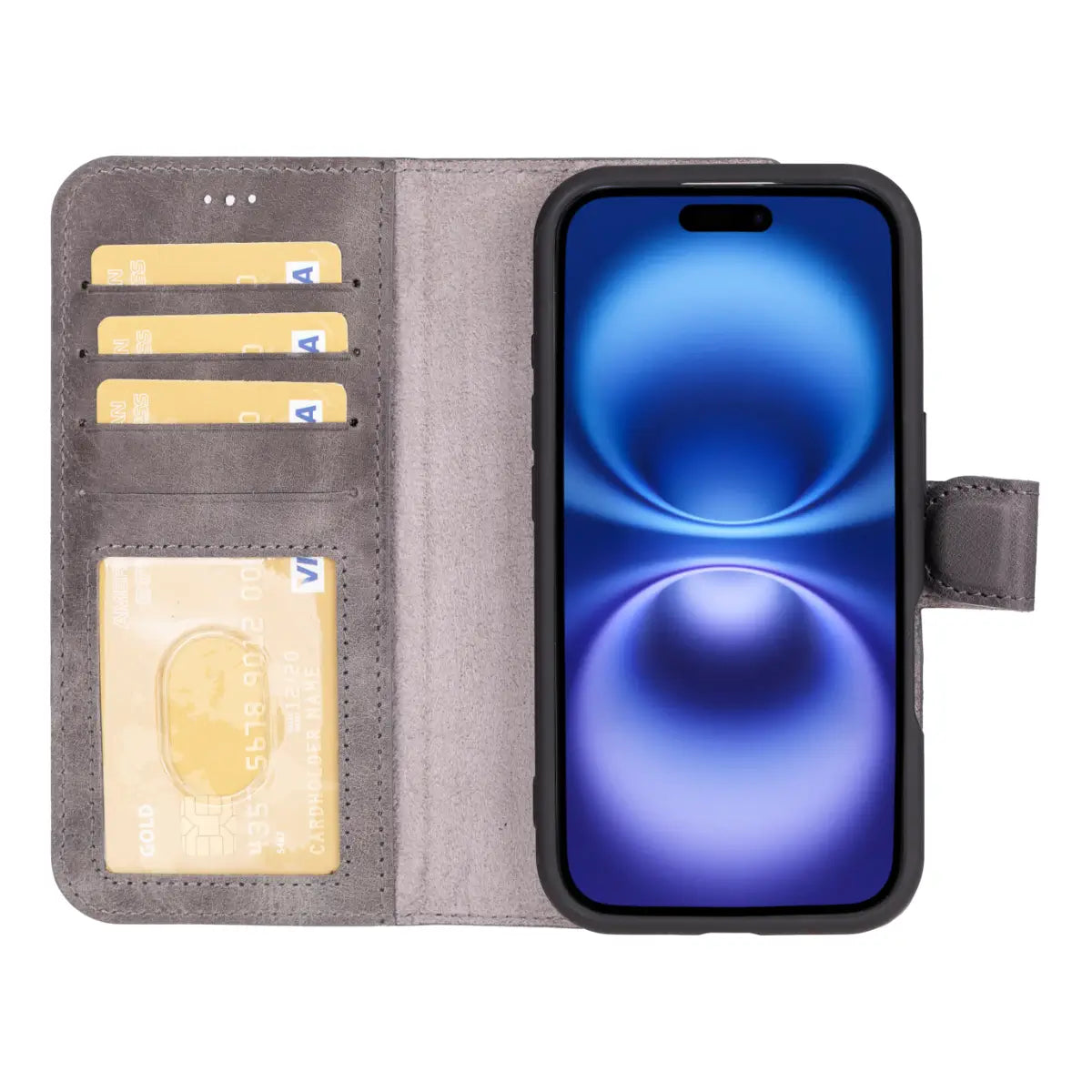 Burnished Gray Leather Wallet Case for iPhone 16