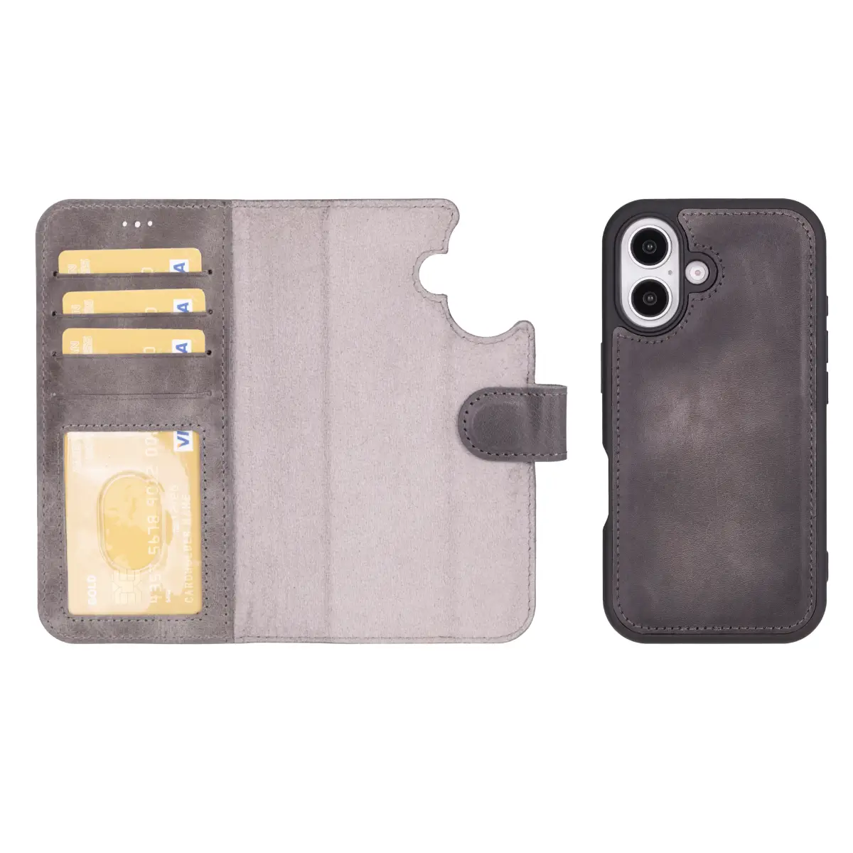 Burnished Gray Leather Wallet Case for iPhone 16