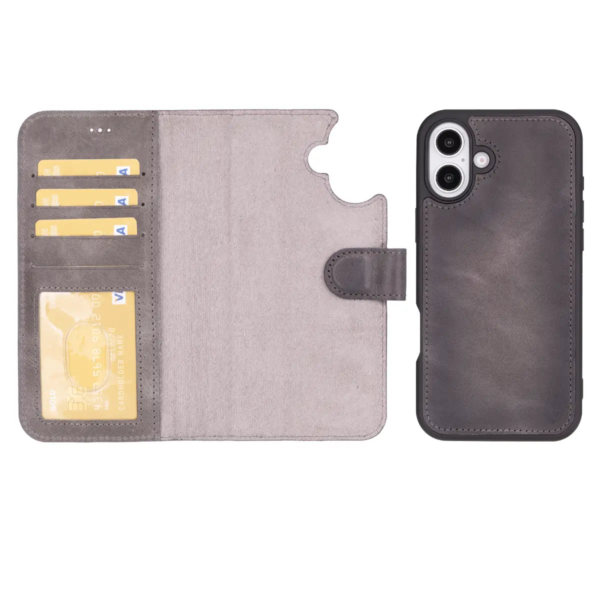 Burnished Gray Leather Wallet Case for iPhone 16 Plus