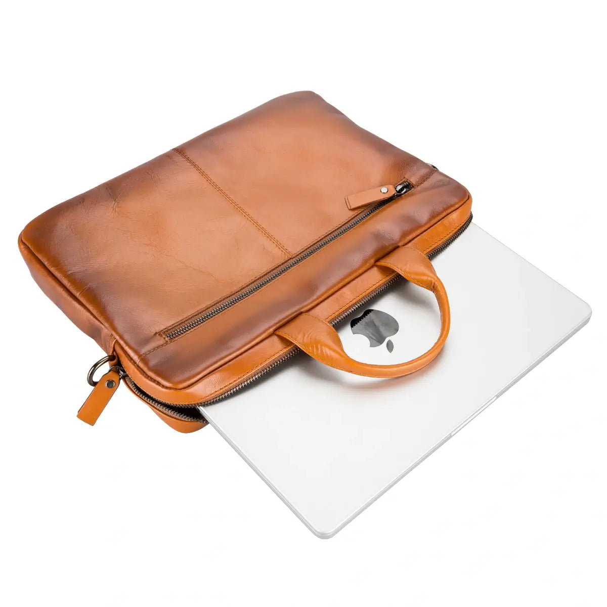 Burnished Tan leather briefcase with a laptop on a white background