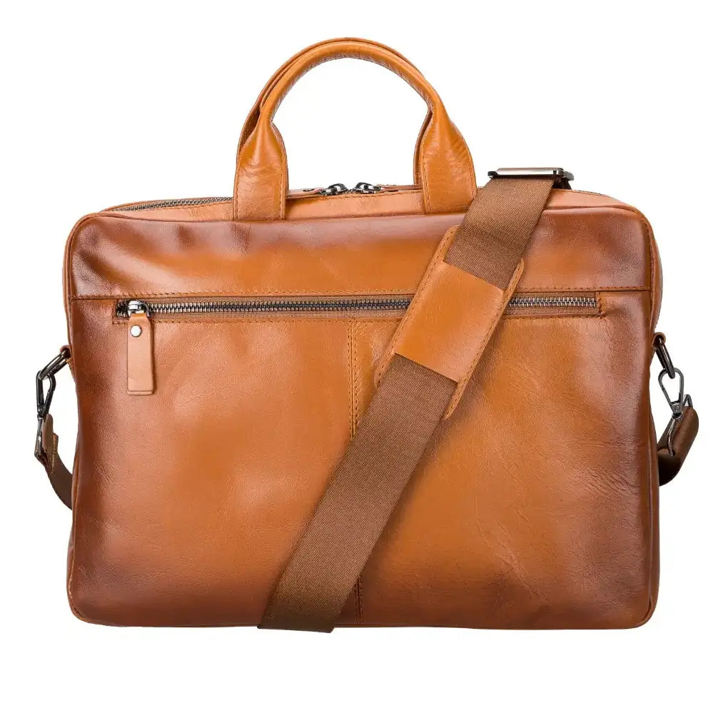 Brown leather briefcase with a shoulder strap on a white background